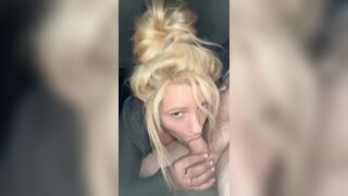 Blonde hooker gives a blowjob in public and lets the man nut in her mouth then spits the cum back out on his dick to suck in some more
